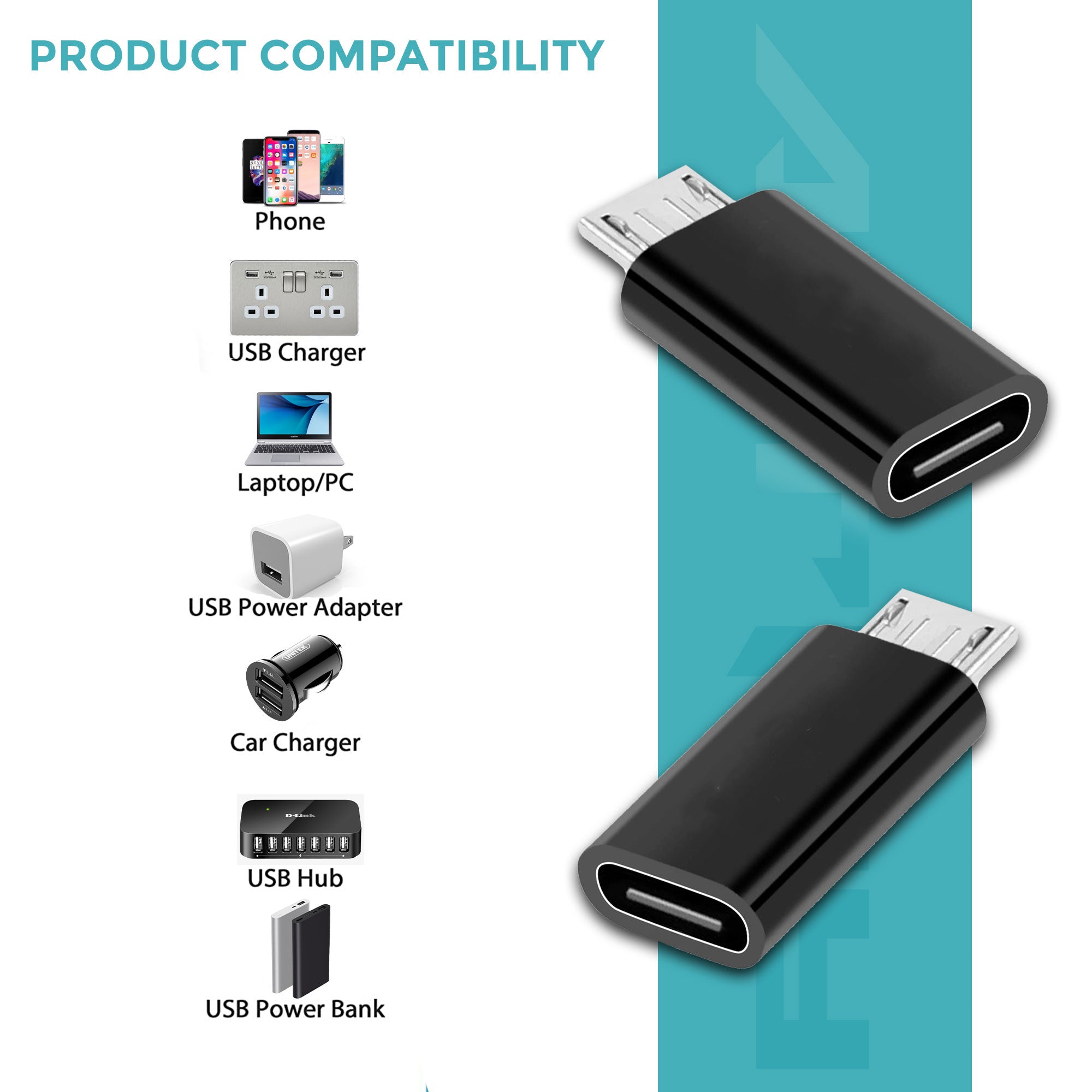 Micro to USB C Cable Adapter [2 Pack] - Connector, Converter for USB and Micro USB Devices