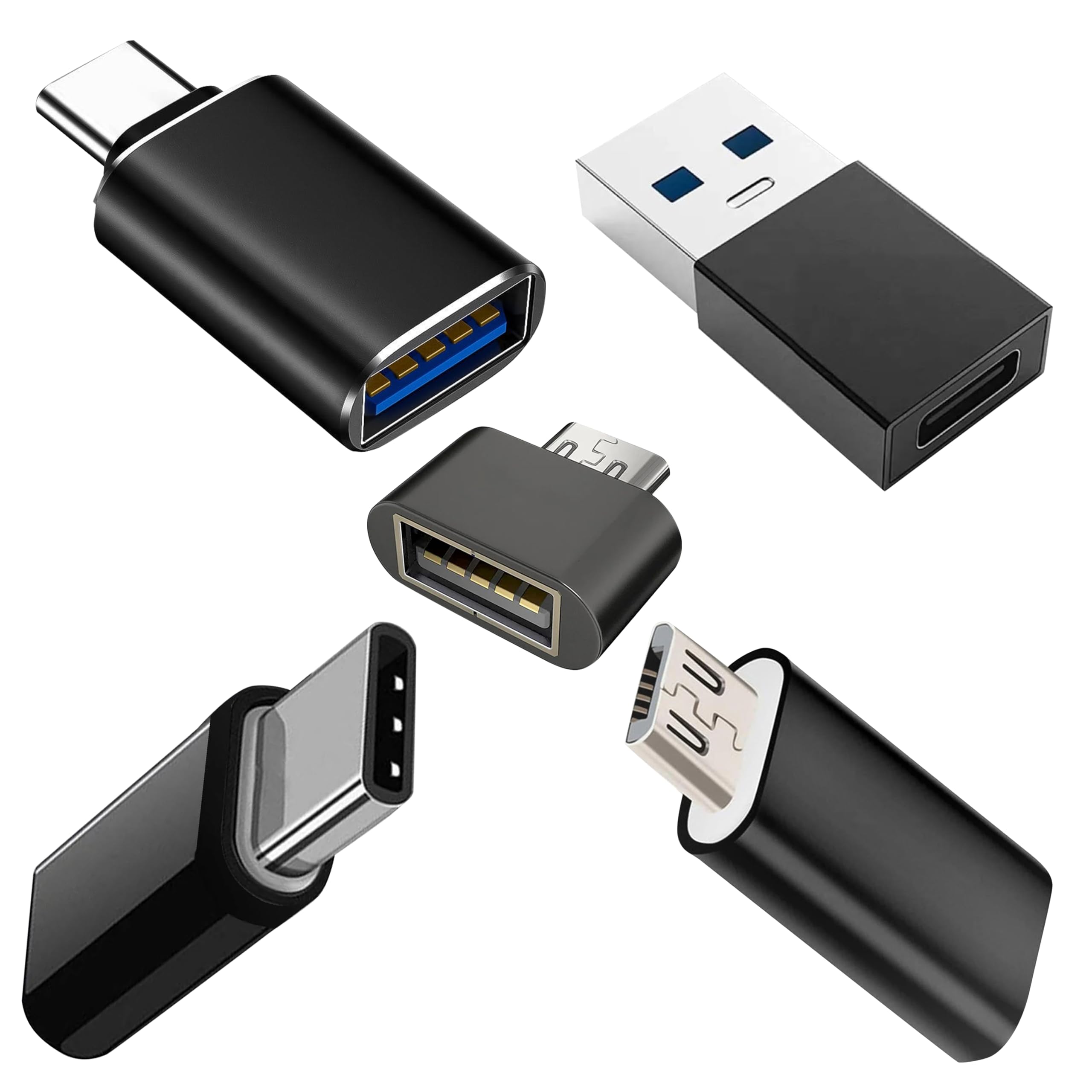 New [Combo,5 Pack] Multi Purpose Adapters for iPhone, Samsung, Mobile, Car, Tablets, Watch, USB A to C, USB C to A, Micro USB to USB A, Micro to USB C, USB C to USB C, Perfect for Traveling or Home