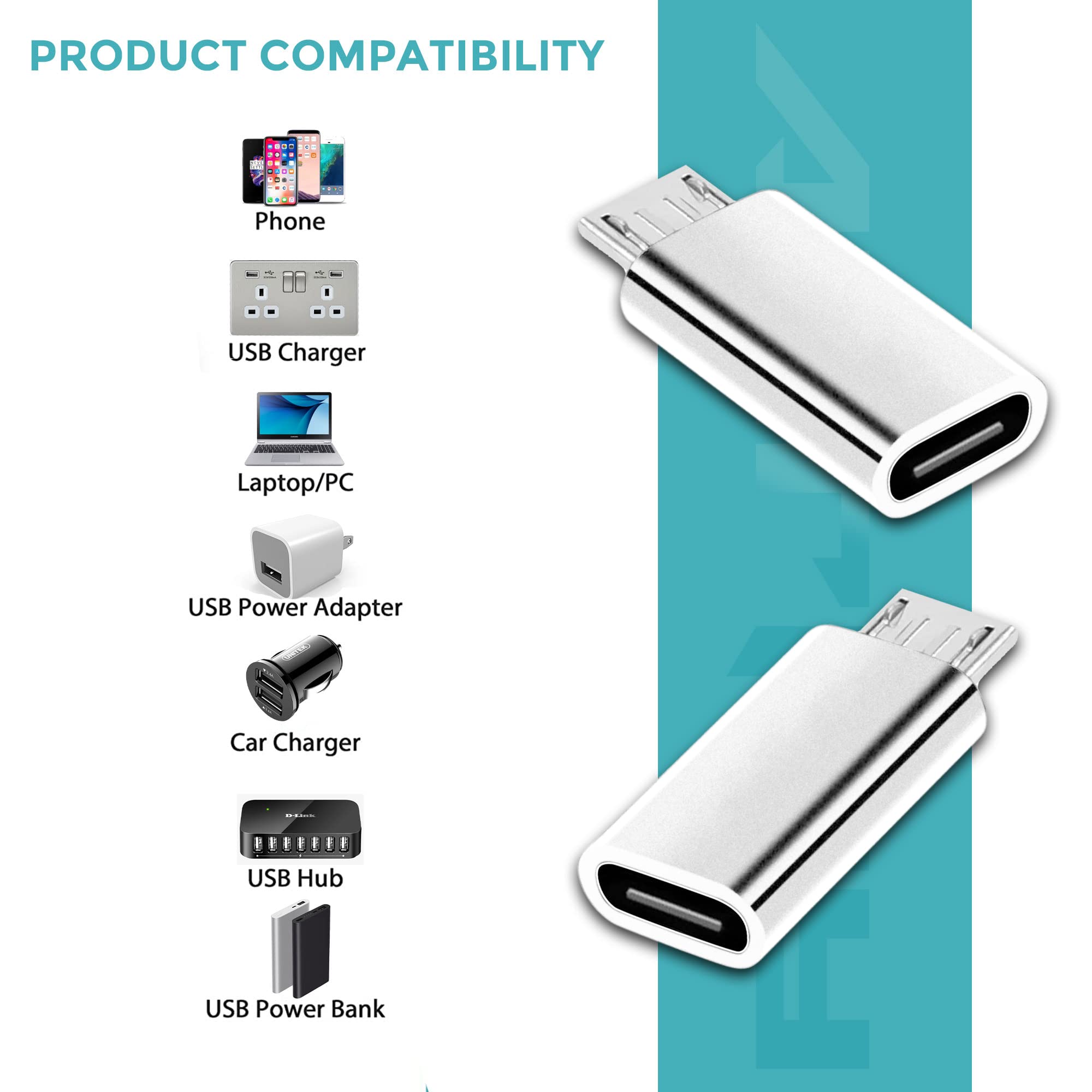 New USB C Female to Micro USB Male Adapter (2Pack), Micro USB Adaptor, Micro USB to USB C Adapter fast charger Power cable plug strip extender for Nexus Nokia LG Xbox PS Kindle Samsung Galaxy Devices