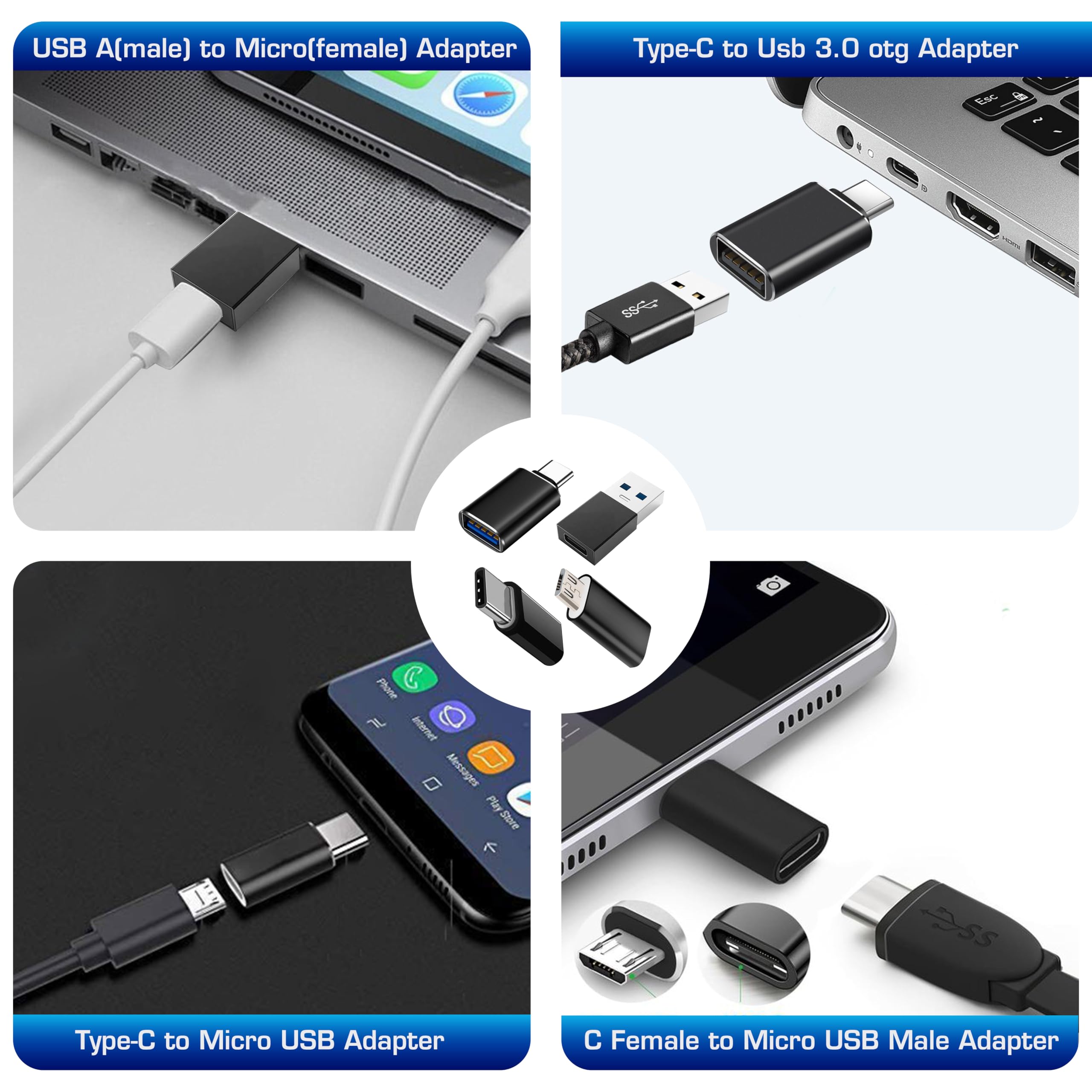 New [Combo,5 Pack] Multi Purpose Adapters for iPhone, Samsung, Mobile, Car, Tablets, Watch, USB A to C, USB C to A, Micro USB to USB A, Micro to USB C, USB C to USB C, Perfect for Traveling or Home